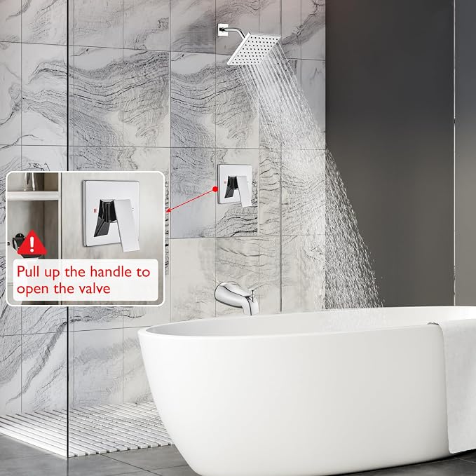Heyalan 6-Inch Shower Faucet Set with Tub Spout and Valve,Polished Chrome | 6-inch square rainfall head, tub spout with diverter, male-thread rough-in valve, single-handle control and wall-mount design