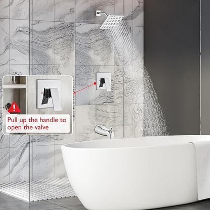 Heyalan 6-Inch Shower Faucet Set with Tub Spout and Valve,Polished Chrome | 6-inch square rainfall head, tub spout with diverter, male-thread rough-in valve, single-handle control and wall-mount design