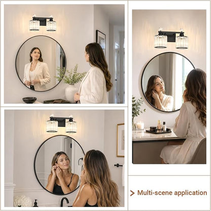 Lxybcce Modern Crystal Bathroom Vanity Light, 14In 2-Lights Bathroom Light Fixtures, Black Vanity Light Fixtures Over Mirror, Easy Installation & Shadow-Free Illumination for Bathroom Mirror Decor