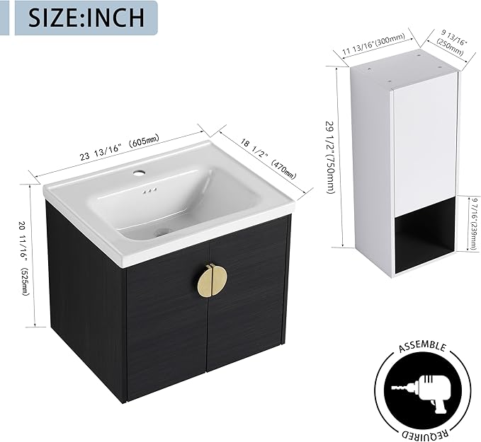 24'' Floating Bathroom Vanity with Sink Combo,24 Inch Bathroom Vanity with Sink, Modern Wall Mounted Cabinet Set with 12'' Side Cabinet Combo,Black