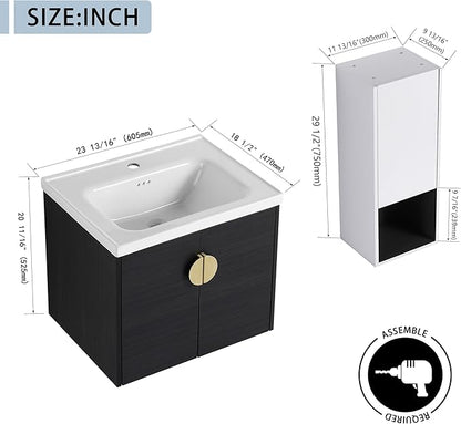24'' Floating Bathroom Vanity with Sink Combo,24 Inch Bathroom Vanity with Sink, Modern Wall Mounted Cabinet Set with 12'' Side Cabinet Combo,Black