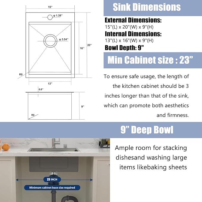 Black Bar Sink Drop In, 15x20 Inch Kitchen Sink Stainless Steel Small Topmount Workstation Sinks, Single Bowl Kitchen Sinks for Office Laundry Wet Bar Prep RV Outdoor Yard
