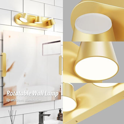 URSOLA 3 Light Bathroom Vanity Light, LED Gold Wall Light Fixtures, Up and Down Rotatable Dimmable 20 inch Bathroom Lighting Fixtures Over Mirror