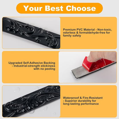 16.4FT x 1.02'' Black Peel and Stick Crown Molding Trim – Self-Adhesive Mirror Border & Cabinet Edge, Flexible Decorative Trim for Interior Use