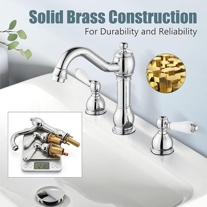 Aolemi 8 Inch Widespread Bathroom Sink Faucet 3 Hole Deck Mount Vanity Basin Mixer Tap with Pop Up Drain Assembly Polish Chrome Double Ceramic Handle