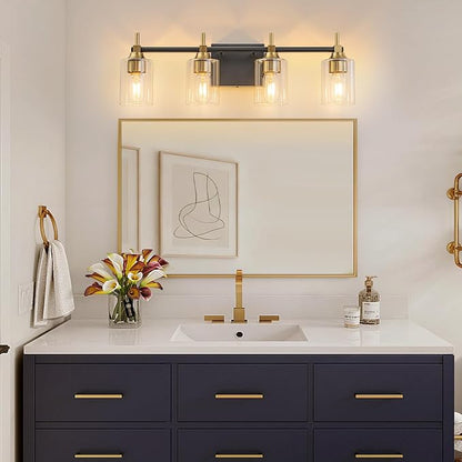 4-Light Modern Bathroom Vanity Light,Black and Gold Light Fixtures for Bathroom,Modern Wall Light Over Mirror with Glass E26 Socket (Bulbs Not Included)