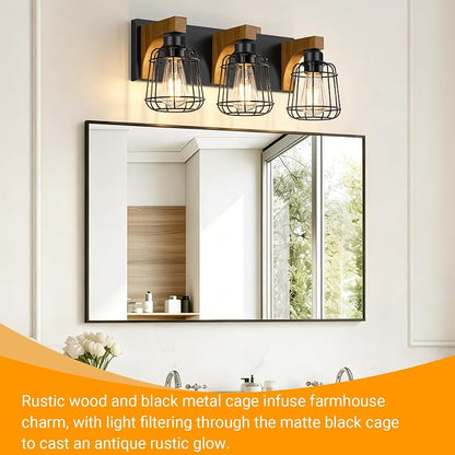 Dpyrrhic 3-Light Bathroom Light Fixtures, Wood Bathroom Wall Lights, Modern Bathroom Vanity Light with Cage Metal Shade, Bathroom Wall Lamp for Mirror Kitchen Bedroom Living Room