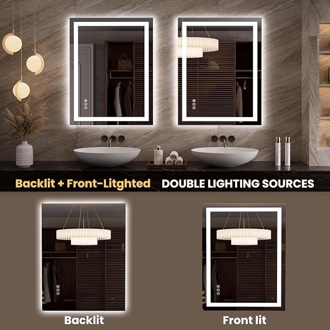 LOAAO 27.6"x35.4" LED Bathroom Mirror with Lights, UL Listed | Anti-Fog, Dimmable, 3 Color Temperature, Backlit + Front Lit, Memory Function, Tempered Glass