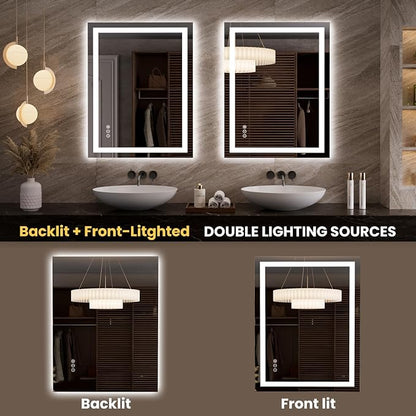 LOAAO 27.6"x35.4" LED Bathroom Mirror with Lights, UL Listed | Anti-Fog, Dimmable, 3 Color Temperature, Backlit + Front Lit, Memory Function, Tempered Glass