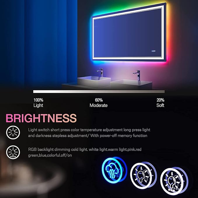40x32 Inch RGB LED Bathroom Mirror with Lights | Front and RGB Backlit, Dimmable, Memory, Anti Fog, Shatterproof, Horizontal/Vertical, Lighted Mirrors for Bathroom Wall