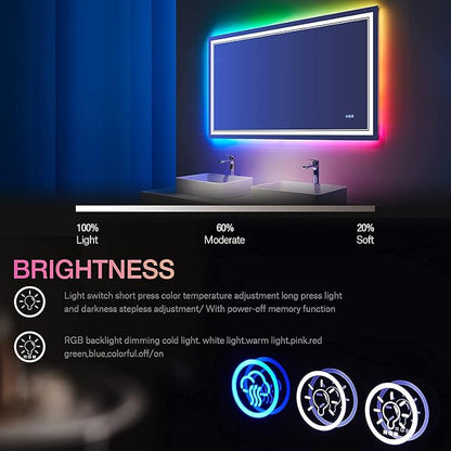 48x32 Inch RGB LED Bathroom Mirror with Lights | Front and RGB Backlit, Dimmable, Memory, Anti Fog, Shatterproof, Horizontal/Vertical, Lighted Mirrors for Bathroom Wall