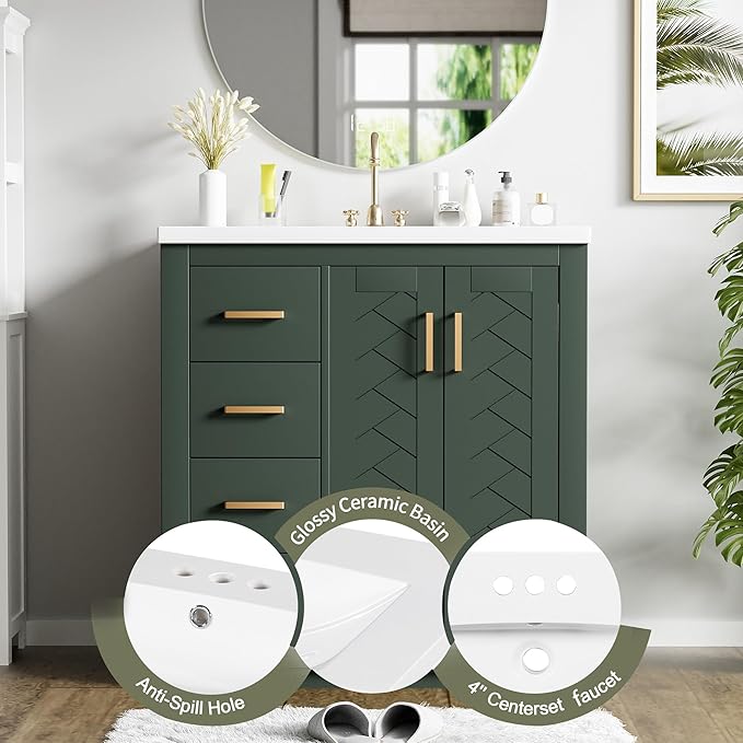 Merax Herringbone Single Sink Bathroom Vanity, Freestanding 30" Modern Bathroom Vanity Storage Cabinet with 3 Drawers and 2 Doors, Solid Wood Frame