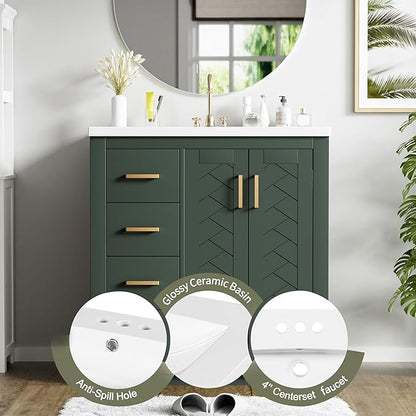 Merax Herringbone Single Sink Bathroom Vanity, Freestanding 30" Modern Bathroom Vanity Storage Cabinet with 3 Drawers and 2 Doors, Solid Wood Frame