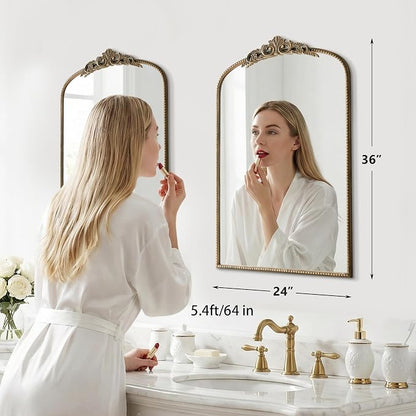 Micasso Bathroom Mirrors for Over Sink: 24"x36" Gold Vintage Arched Mirror | Traditional Ornate Baroque Decorative Antique Wall Mirror for Bedroom/Entryway/Hallway/Dresser/Vanity/Mantel/Nightstand