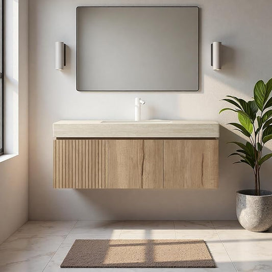 48" Bathroom Vanity with Sink, Wall-Mounted Plywood Bathroom Storage Cabinet with Ceramic Basin & Sintered Stone Countertop, Modern Pre-Assembled Floating Vanity with Drawer & Door, Oak