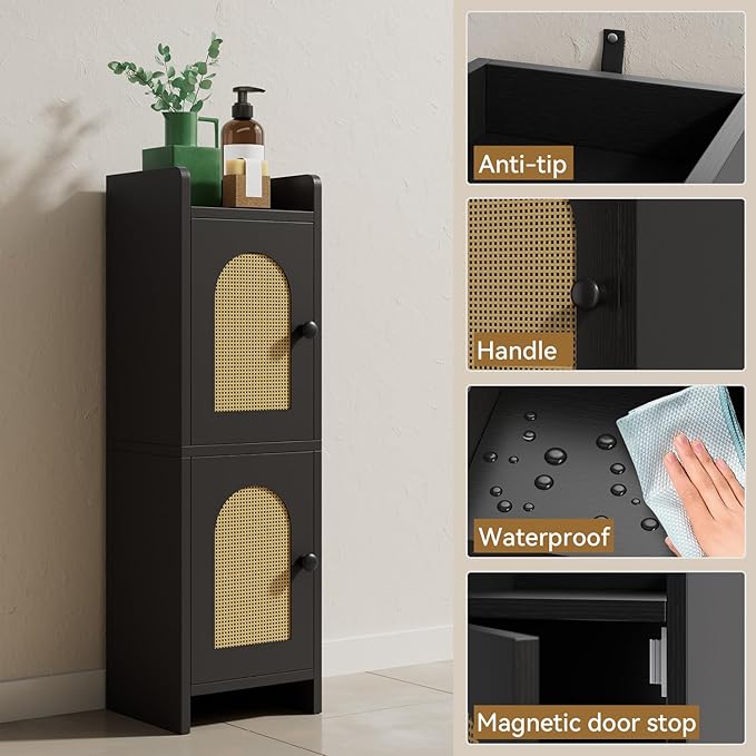 IBUYKE Small Bathroom Storage Cabinet with Rattan Door, Narrow Toilet Paper Storage Holder,Floor Cabinet with Adjustable Shelves, Space-Saving Organizer for Toiletries UWBS001B