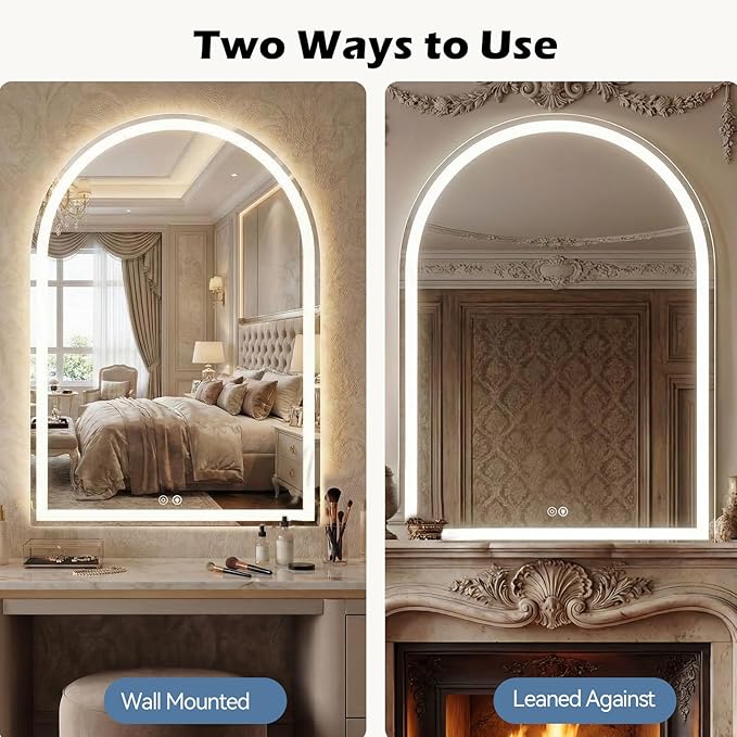 DUMOS 28"×36" LED Bathroom Mirror with Lights, Arched Vanity Mirror with Anti-Fog, Dimmable, 3-Color Light, Memory Function, Tempered Glass