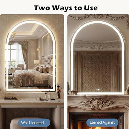 DUMOS 28"×36" LED Bathroom Mirror with Lights, Arched Vanity Mirror with Anti-Fog, Dimmable, 3-Color Light, Memory Function, Tempered Glass