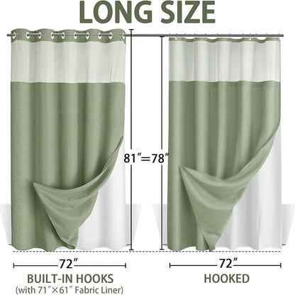 No Hook Shower Curtain and Liner Set,Sage Green Hotel Waffle Shower Curtain with Liner 81" L x 72" W