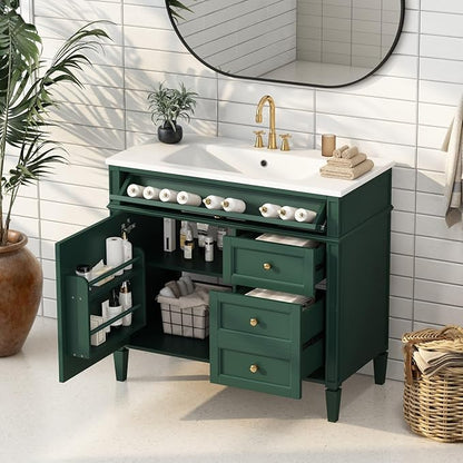 Merax 36'' Bathroom Vanity Without Top Sink, Solid Rubberwood Frame Cabinet | Modern Bathroom Vanity Storage Cabinet with 2 Drawers, Tip-out Drawer, Adjustable Shelf, Soft Closing Doors, Green