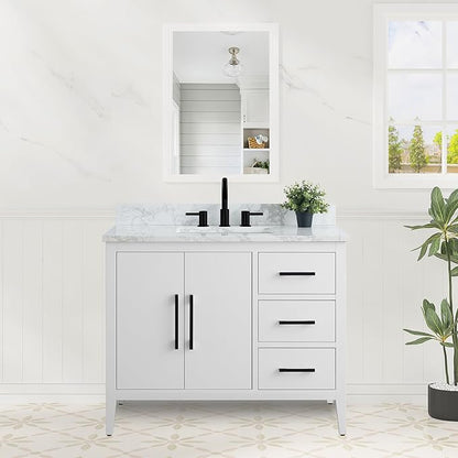 HomeBeyond 42 Inch Bathroom Vanity with Sink & Ceramic Top, Single Vanity Cabinet with Basin, Soft-Closing Doors & Matte Black Hardware, White
