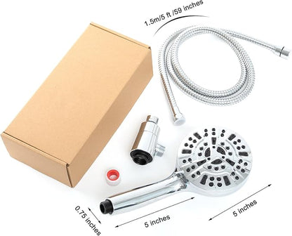 High Pressure Shower Head with Magnetic Back Fixed Base Design,Handheld Showerhead with Hose Set Stainless Steel 59 inches/5 ft 10-Setting 5 inches Large Face,Chrome Finish (Silver)