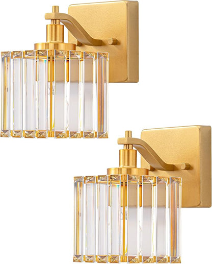 EDISHINE Modern Gold Crystal Wall Sconces Set of 2, Bathroom Vanity Lights | Hardwired, 1-Light, Standard E26 Base, Up Down Mounting, Bath Lamp for Living Room, Bedroom, Powder Room, Gold