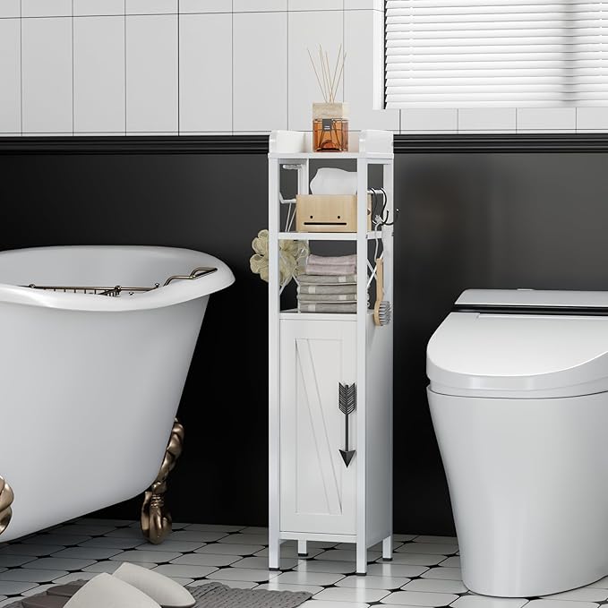 VECELO Small Bathroom Storage Cabinet with Shelves & Metal Racks, Slim Toilet Paper Holder, Bathroom Organizer Cabinet for Narrow Spaces, White, Farmhouse Style