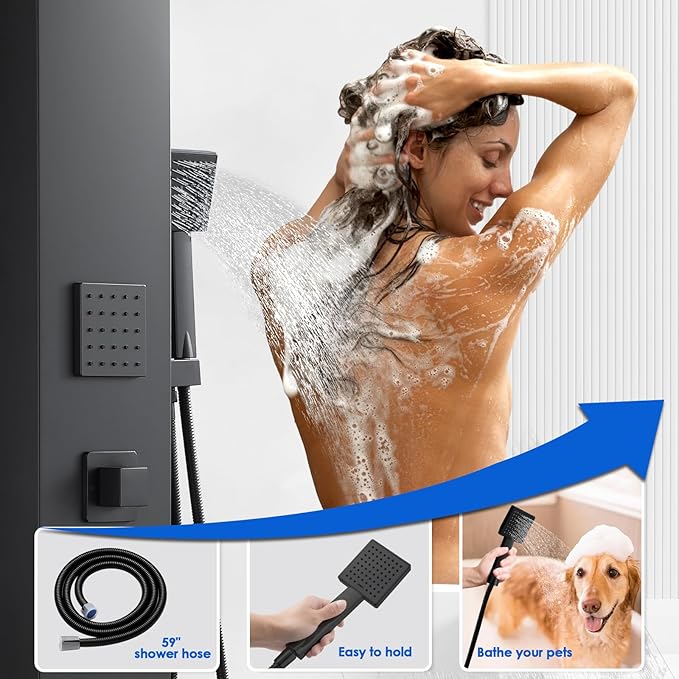 ROVOGO Shower Panel Tower System with High Pressure Shower Head, Body Jets, Handheld and Tub Spout, 46.5"H x 7.8"W Shower Column Stainless Steel with Mixer Valve, Black