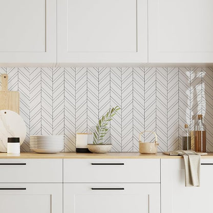 Yipscazo Polished White Herringbone Peel and Stick Backsplash for Kitchen Walls, Sample Heat Resistant PVC Mixed Metal Stick on Backsplash Tiles,Waterproof Peel and Stick Tile for Bathroom&Shower