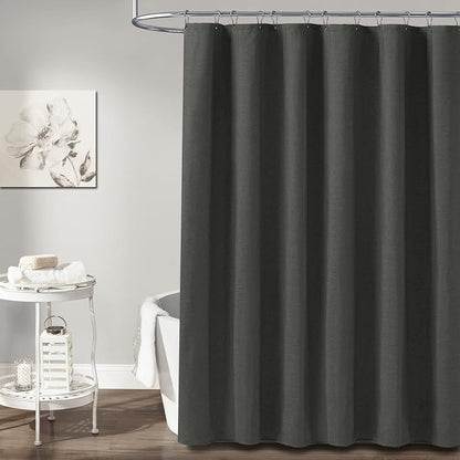 Long Linen Textured Waterproof Shower Curtain Set, 72x84, Grey/Gray | Tall Size, 230GSM Polyester, Heavy Duty Cloth, Weighted Hem, 12 Plastic Hooks, Modern Luxury Hotel Style, Machine Washable