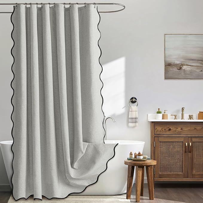 MIULEE Light Grey Scalloped Linen Shower Curtain 72x72 Inches | Linen Textured, Waterproof, Washable, 12 Metal Hooks, Heavy Duty Cloth, Black Border, Shower Curtain for Bathroom Bathtub