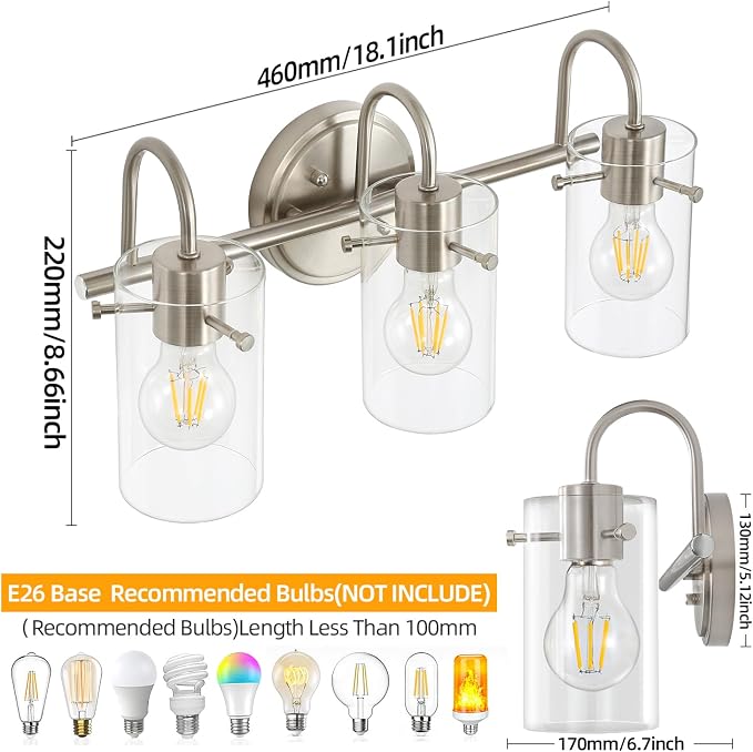 3 Lights Vanity Light Fixture, Brushed Nickel Bathroom Wall Sconce | Modern Wall Light with Clear Glass Shade Farmhouse Wall Mount Porch Wall Lamp for Mirror, Kitchen, Living Room, Workshop