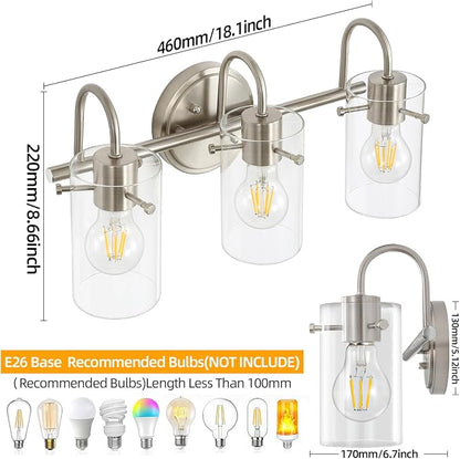 3 Lights Vanity Light Fixture, Brushed Nickel Bathroom Wall Sconce | Modern Wall Light with Clear Glass Shade Farmhouse Wall Mount Porch Wall Lamp for Mirror, Kitchen, Living Room, Workshop