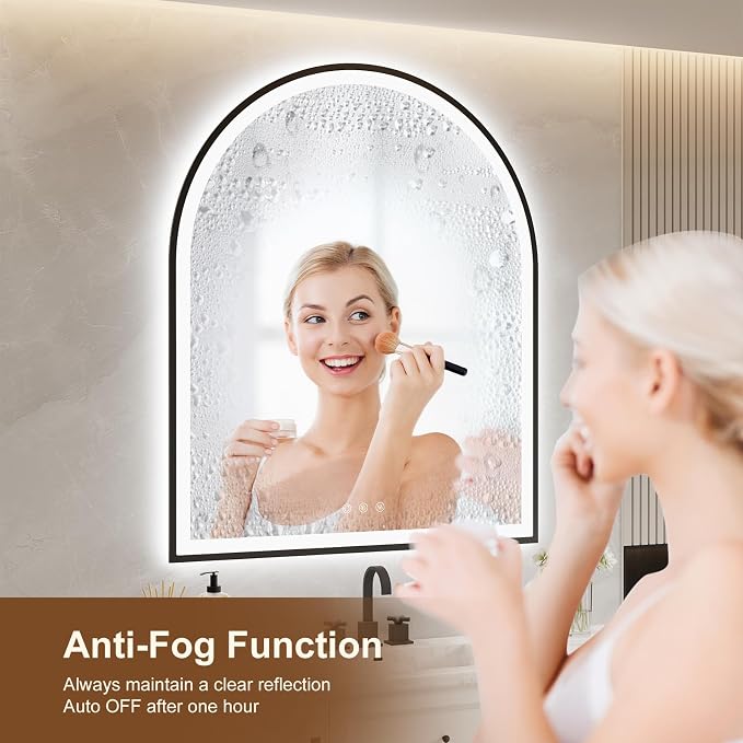 30"x36" Arched LED Lighted Bathroom Mirror with Lights | Black Aluminum Frame, Fogless, Dimmable, Shatterproof, Touch Sensor, 3 Color Changing