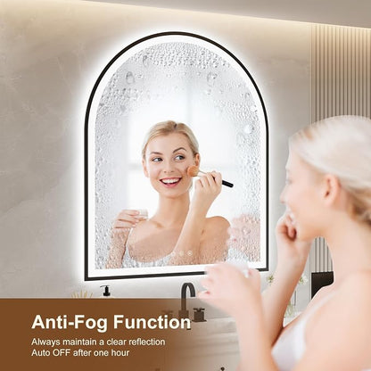 30"x36" Arched LED Lighted Bathroom Mirror with Lights | Black Aluminum Frame, Fogless, Dimmable, Shatterproof, Touch Sensor, 3 Color Changing