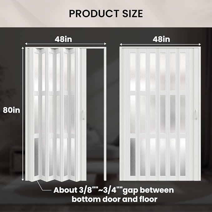 SmartStandard 48" x 80" Accordion Doors with Frosted Acrylic Glass, White | Save Space, Full-Side Magnetic Strip, Double-Layer PVC Accordion Doors Interior for Doorway Closet, Easy to Assemble