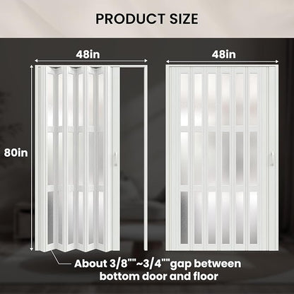 SmartStandard 48" x 80" Accordion Doors with Frosted Acrylic Glass, White | Save Space, Full-Side Magnetic Strip, Double-Layer PVC Accordion Doors Interior for Doorway Closet, Easy to Assemble