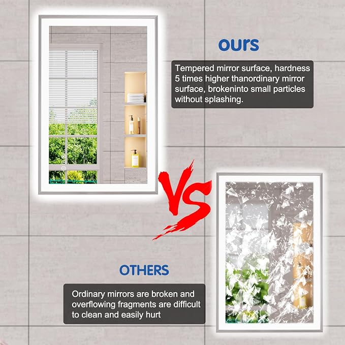 30x36 Inch Silver Frame LED Mirror for Bathroom | Silver Metal Frame, Front and Backlit, 3 Colors, Dimmable, Memory, Anti Fog, Tempered Glass, Lighted Mirror for Wall