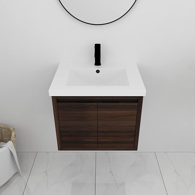 24 Inch Bathroom Vanity with Sink, Modern Floating Single Sink Bathroom Vanities Set, Wall-Mounted Bathroom Vanity, Soft Close Door (California Walnut, 18 * 24)