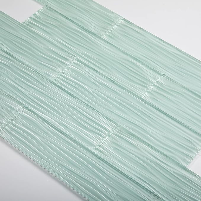 Light Green Water Wave Glass Subway Tile, 3 x 12 Inch, 4 Sq Ft, Backsplash for Bathroom Kitchen Wall, 16-Pack