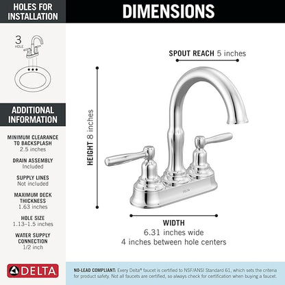Delta Roe Centerset Chrome Bathroom Faucet, 4 Inch 3 Hole Bathroom Sink Faucet for Vanity, Push-Pop Drain Assembly, Chrome 25985LF