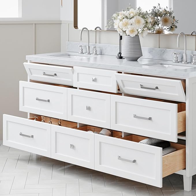 ARIEL Monroe 72-inch Bathroom Vanity with Sink,Solid Wood, 1.5-inch Italian Carrara Marble Countertop & Backsplash, Double Oval Porcelain Sink, 9 Dovetail Drawers, Brushed Nickel, White
