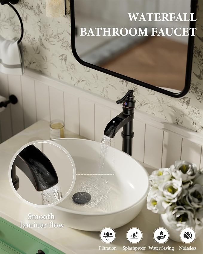 Homevacious Oil Rubbed Bronze Waterfall Vessel Sink Tall Black | Single Handle Bath Basin Farmhouse with Pop Up Drain Assembly Lavatory One Hole Mixer Tap Without Overflow