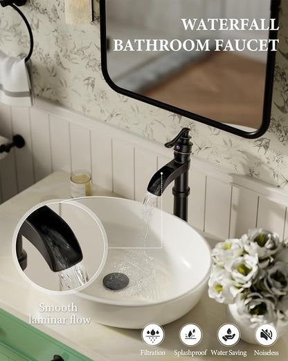 Homevacious Oil Rubbed Bronze Waterfall Vessel Sink Tall Black | Single Handle Bath Basin Farmhouse with Pop Up Drain Assembly Lavatory One Hole Mixer Tap Without Overflow
