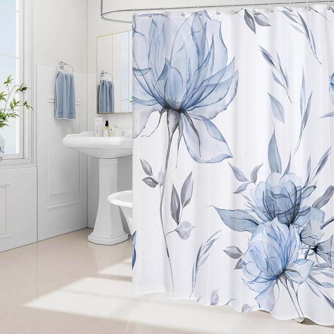 Litabel Blue and Grey Boho Watercolor Floral Shower Curtain, Ink Painting Style Blossom & Leaf Shower Curtains for Chic Elegant Bathroom, Artistic Fabric Cloth Flower Shower Curtain, 72 x 90