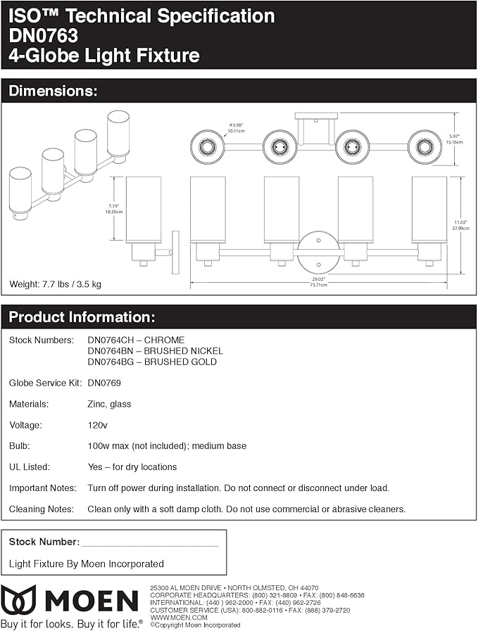Moen DN0764BL Iso 4-Light Dual-Mount Bath Bathroom Vanity Fixture with Frosted Glass, Matte Black