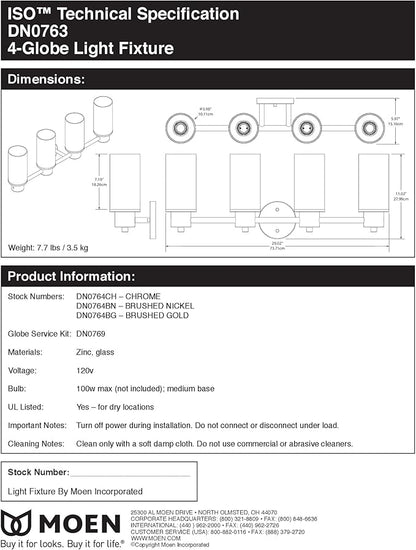 Moen DN0764BL Iso 4-Light Dual-Mount Bath Bathroom Vanity Fixture with Frosted Glass, Matte Black