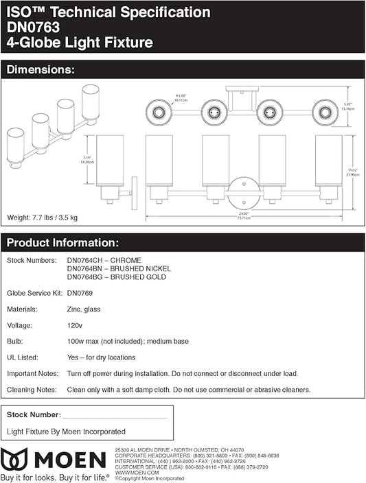 Moen DN0764BL Iso 4-Light Dual-Mount Bath Bathroom Vanity Fixture with Frosted Glass, Matte Black
