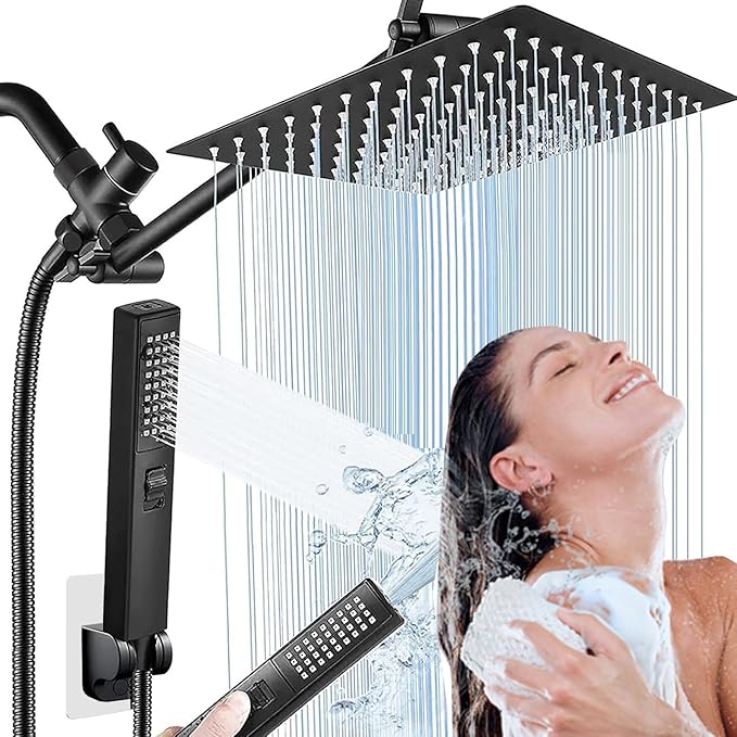 Rainfall Shower Head with Handheld Combo, Black, 10 Inch & 3 Spray Modes | 180° Adjustable with Extension Arm, Easy To Install